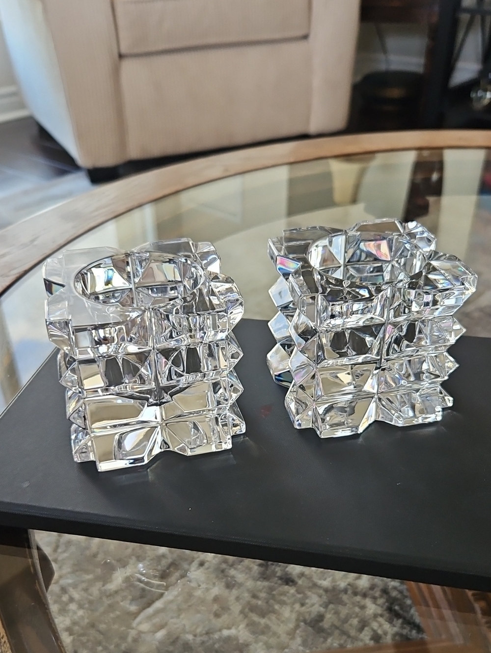 Vintage Crystal Cube Votive & Tea Light Candle Holders - Set of 2